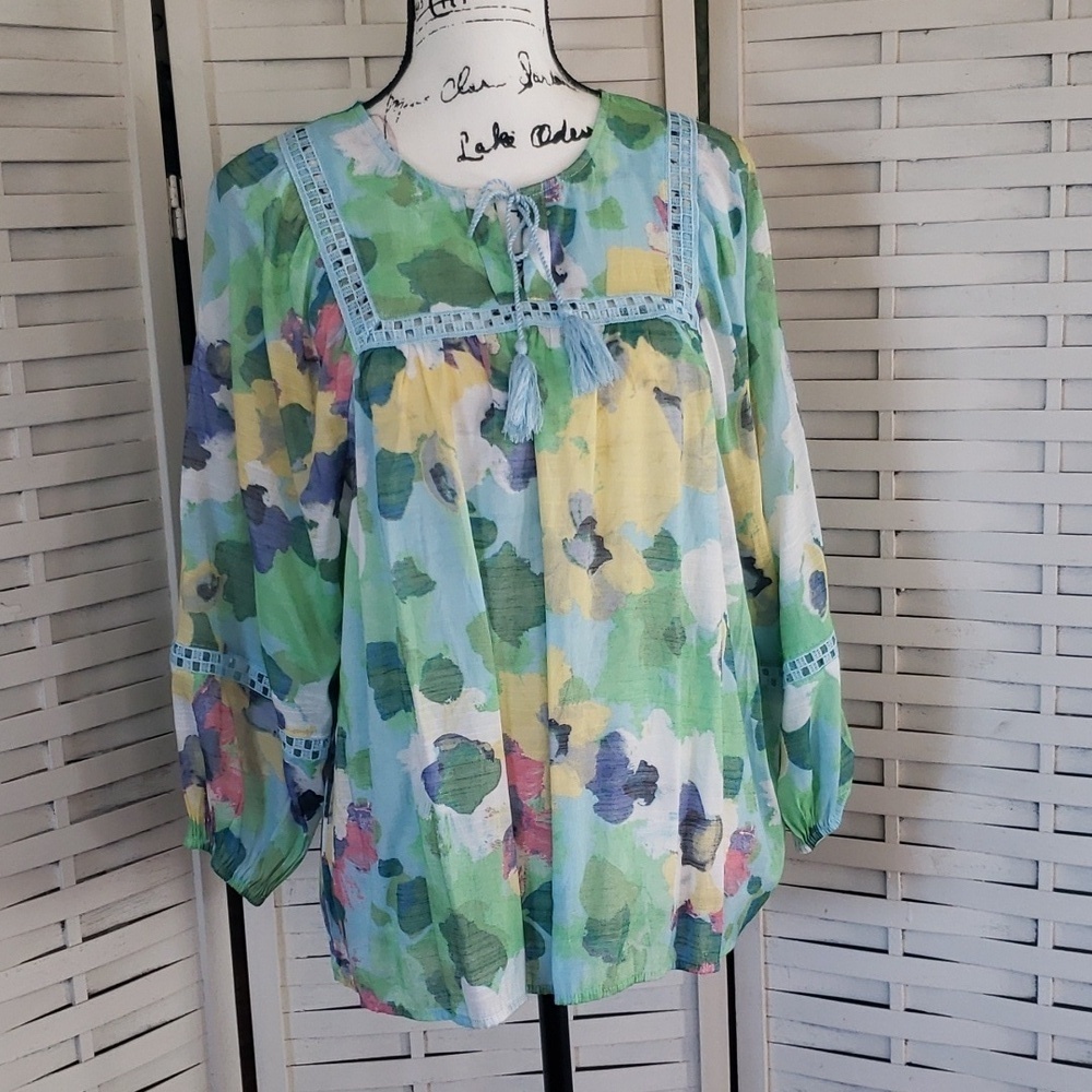 Hope & Harlow green and yellow watercolor wide sleeves woman tunic size L